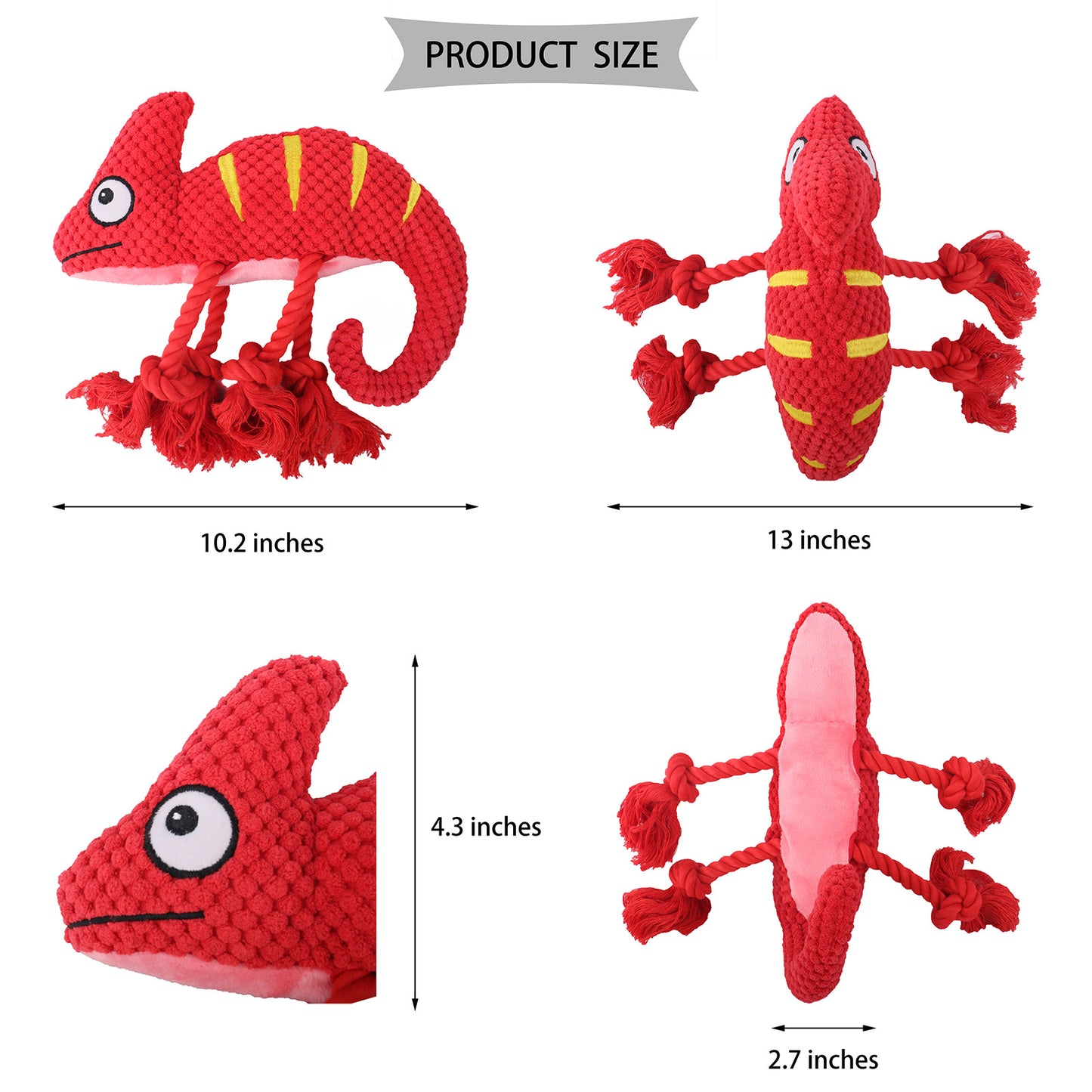 2 Pcs Red Interactive Plush Chameleon Dog Toy with Squeaker & Rope Legs - Durable Chew Toy for Medium/Large Dogs, Teeth Cleaning Texture, Machine Washable (10.2in)