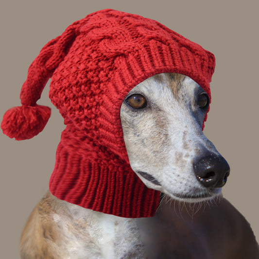 Size S Red Whimsical Knit Dog Hat with Pom-Pom - Cozy Winter Pet Beanie & Snood