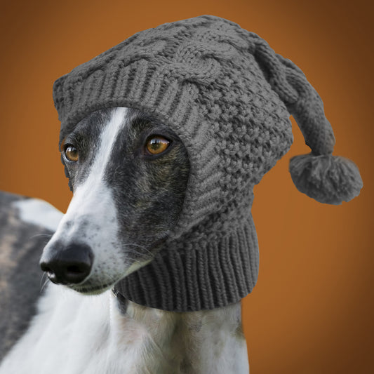 Size M Grey Whimsical Knit Dog Hat with Pom-Pom - Cozy Winter Pet Beanie & Snood