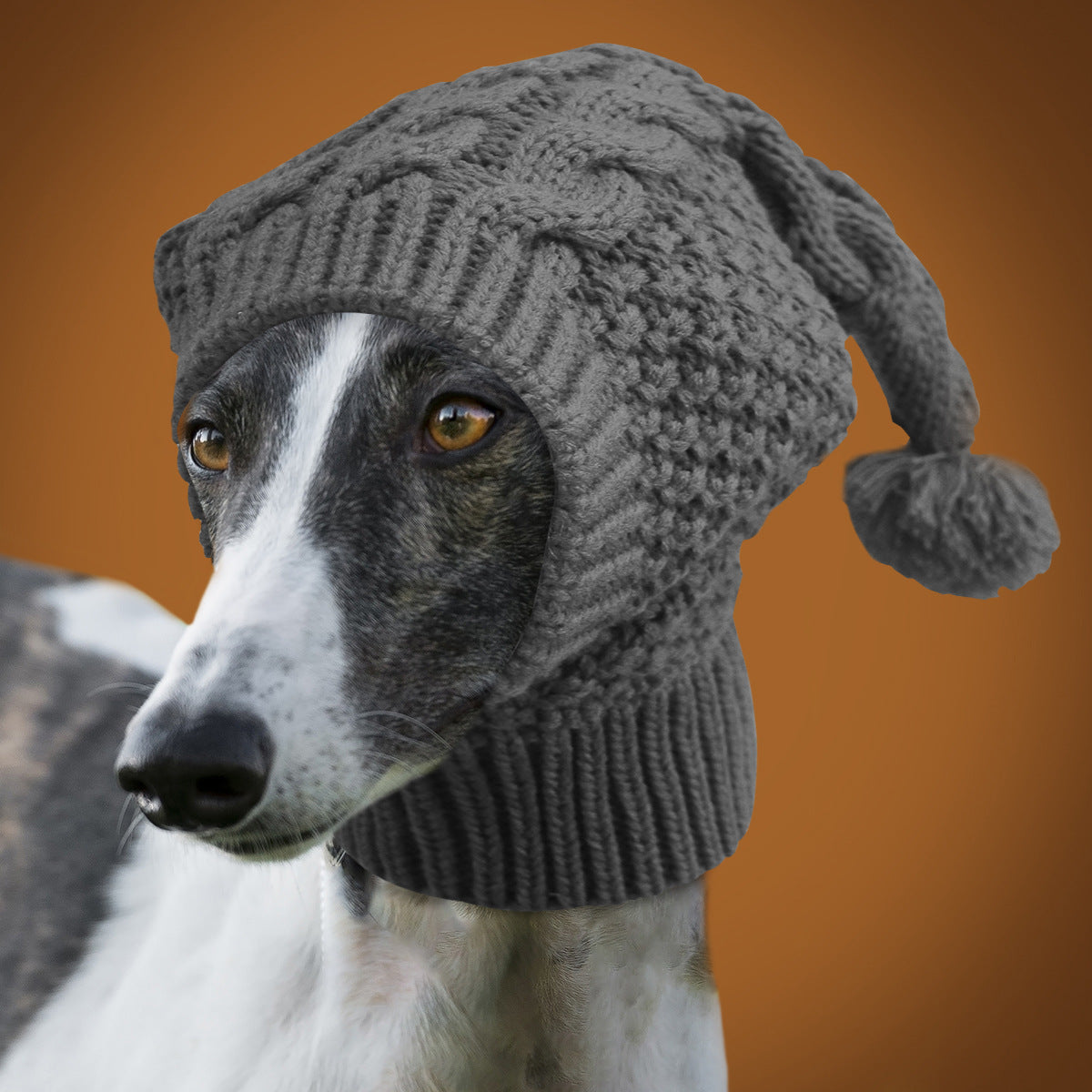 Size L Grey Whimsical Knit Dog Hat with Pom-Pom - Cozy Winter Pet Beanie & Snood