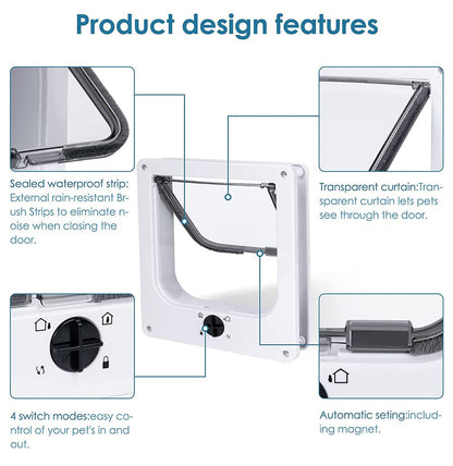 Size XL White 4-Way Locking Pet Flap Door for Cats and Small Dogs - Weatherproof Magnetic Cat Door
