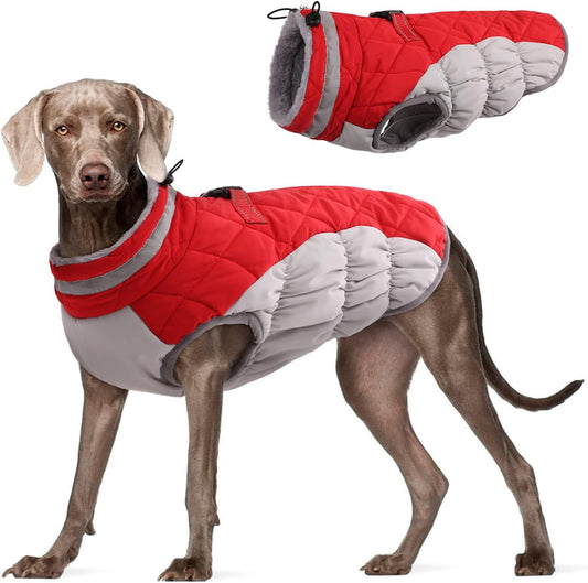 XXL Red Grey Premium Winter Puffer Dog Coat - Windproof & Fleece-Lined Jacket for Cold Weather