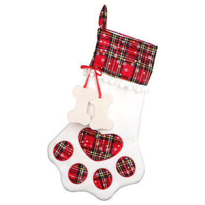 Red Large Plaid Dog Paw Christmas Stocking - Festive Fireplace Decor for Pet Lovers