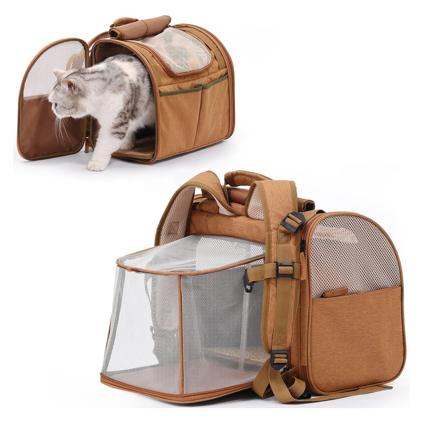 Brown Expandable Breathable Outdoor Portable Large Space Cat Backpack - Pet Carrier for Cats and Dogs