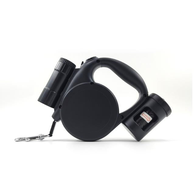 Black 3-in-1 Retractable Dog Leash with LED Flashlight & Poop Bag Dispenser | Heavy Duty Tangle-Free Leash for Safe Night Walks