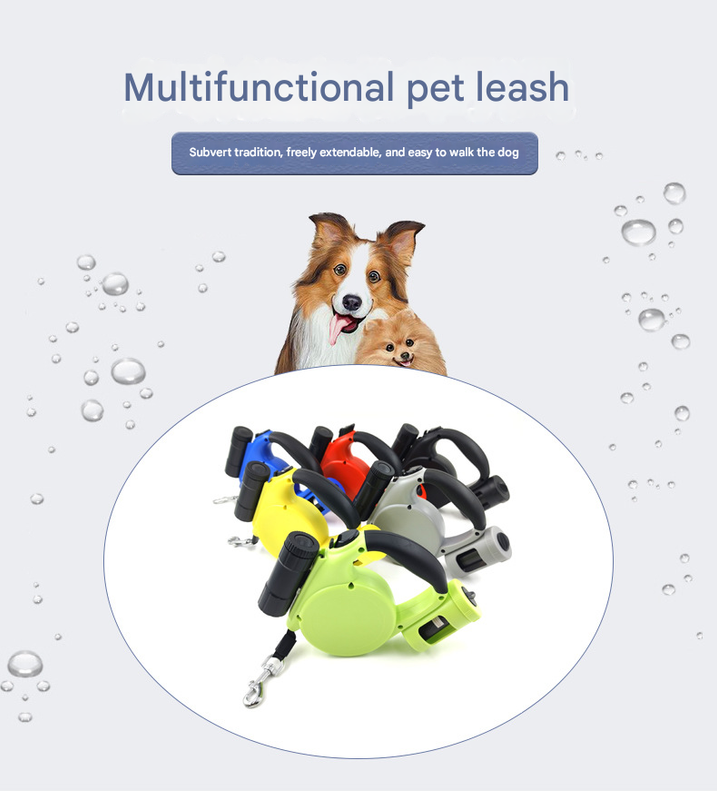 Black 3-in-1 Retractable Dog Leash with LED Flashlight & Poop Bag Dispenser | Heavy Duty Tangle-Free Leash for Safe Night Walks