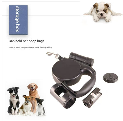 Black 3-in-1 Retractable Dog Leash with LED Flashlight & Poop Bag Dispenser | Heavy Duty Tangle-Free Leash for Safe Night Walks