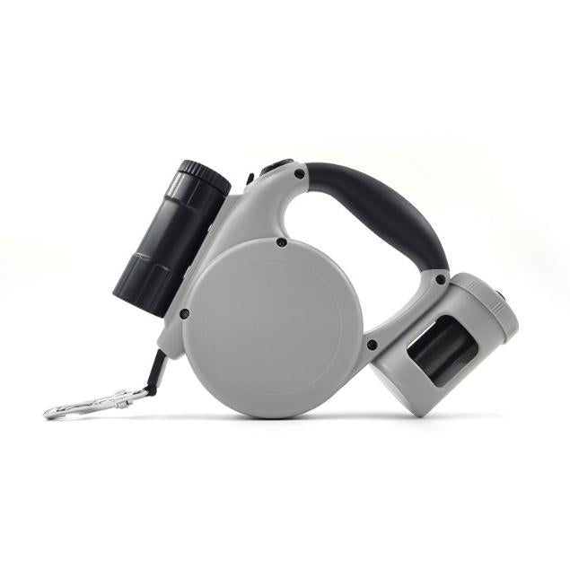 Grey 3-in-1 Retractable Dog Leash with LED Flashlight & Poop Bag Dispenser | Heavy Duty Tangle-Free Leash for Safe Night Walks