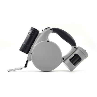 Grey 3-in-1 Retractable Dog Leash with LED Flashlight & Poop Bag Dispenser | Heavy Duty Tangle-Free Leash for Safe Night Walks