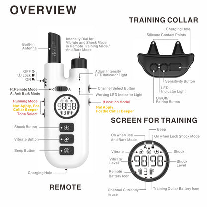 Professional 2-in-1 Dog Training & Anti-Bark Collar with Remote - Rechargeable, 3 Modes & 0-99 Levels(white)